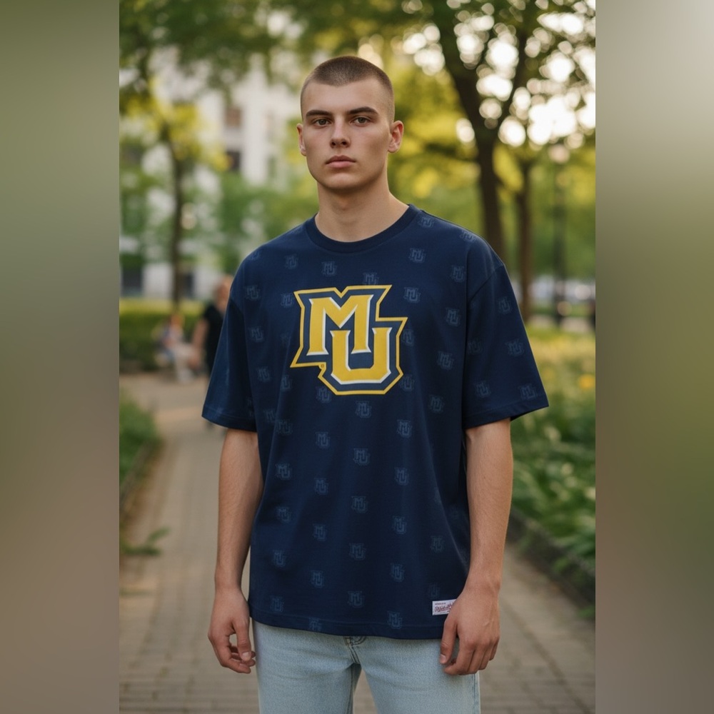 New Men's Navy Mitchell & Ness Marquette Golden Eagles Allover Print T-Shirt